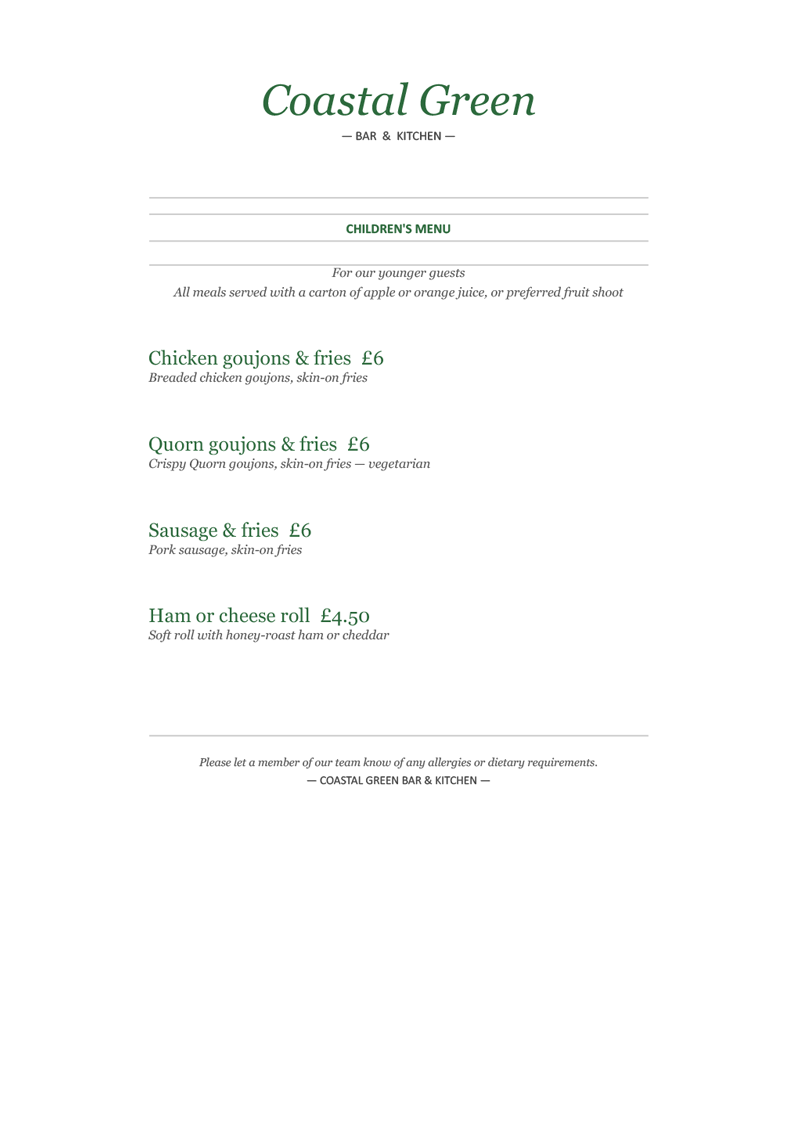 Coastal Green Bar & Kitchen Children's menu