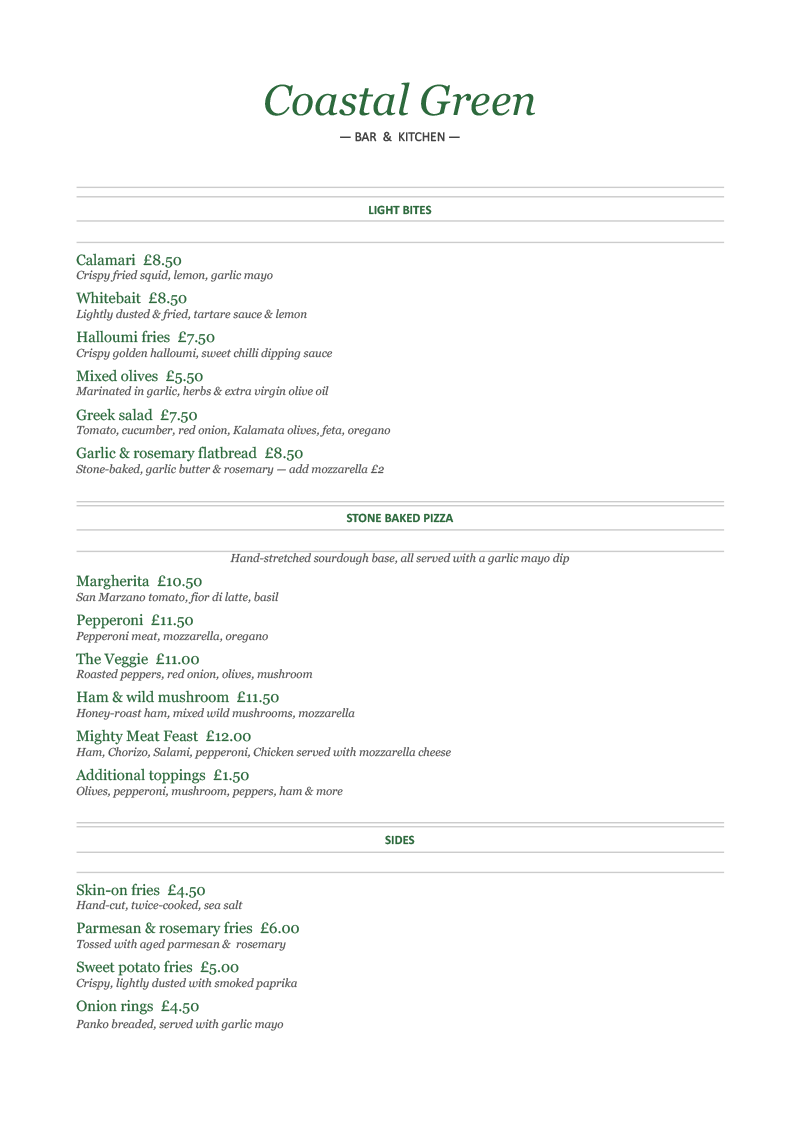 Coastal Green Bar & Kitchen Light Bites, Pizza & Sides menu